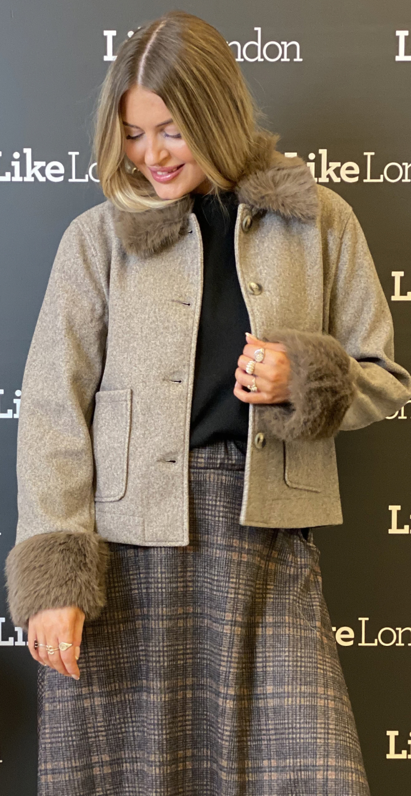 Yanna jakke med imiteret pelskant silver mink melange Freequent