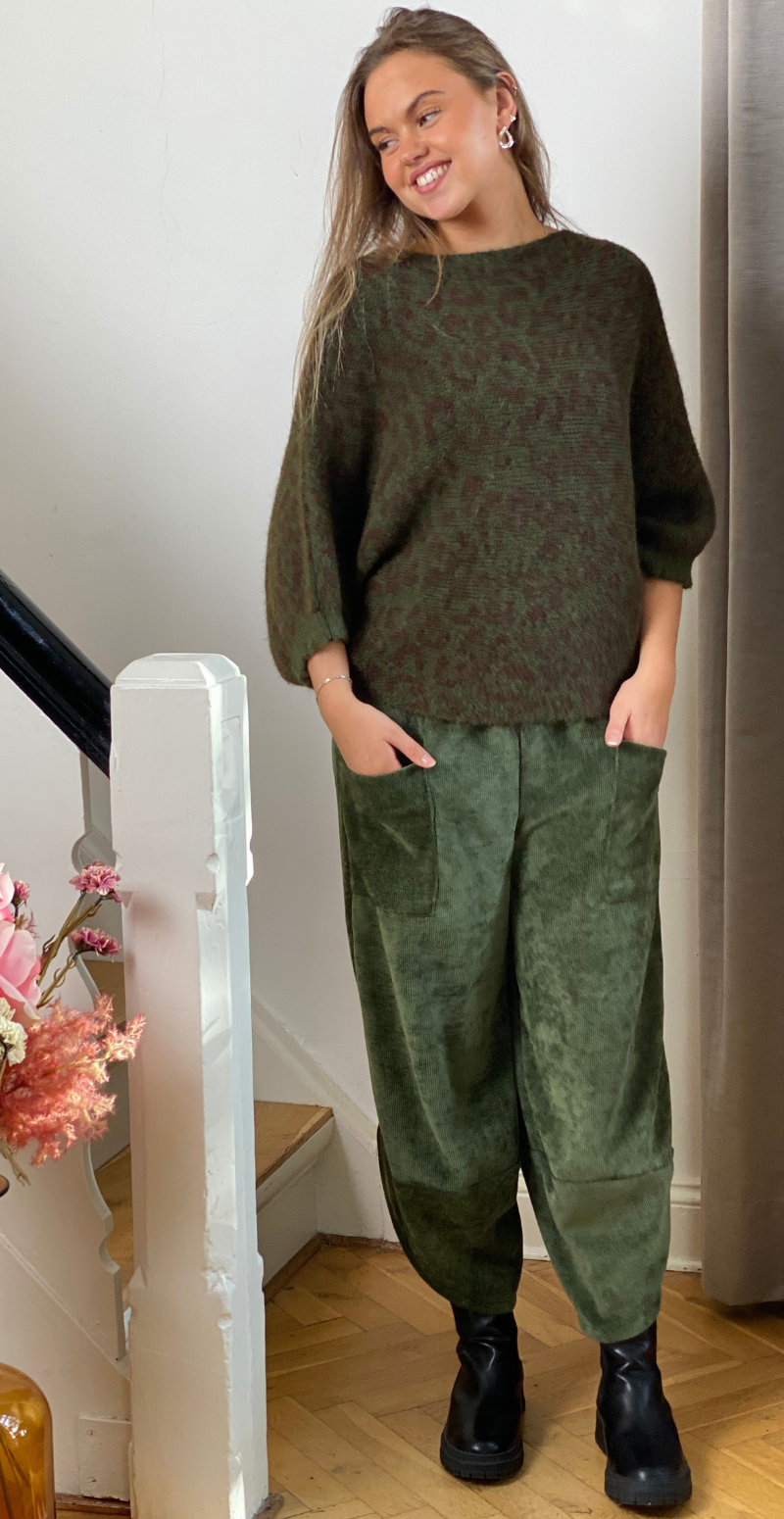 Sandra uldstrik med flagermusærmer og leopard mønster army LikeLondon