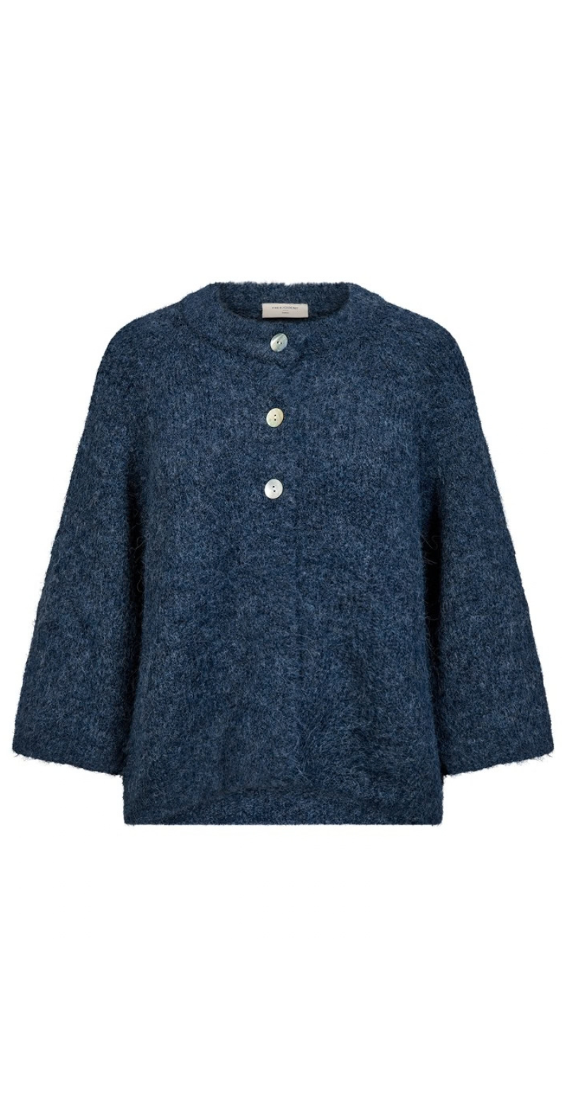 Lulu ensfarvet cardigan med 3/4 ærmer moonlit ocean melange Freequent