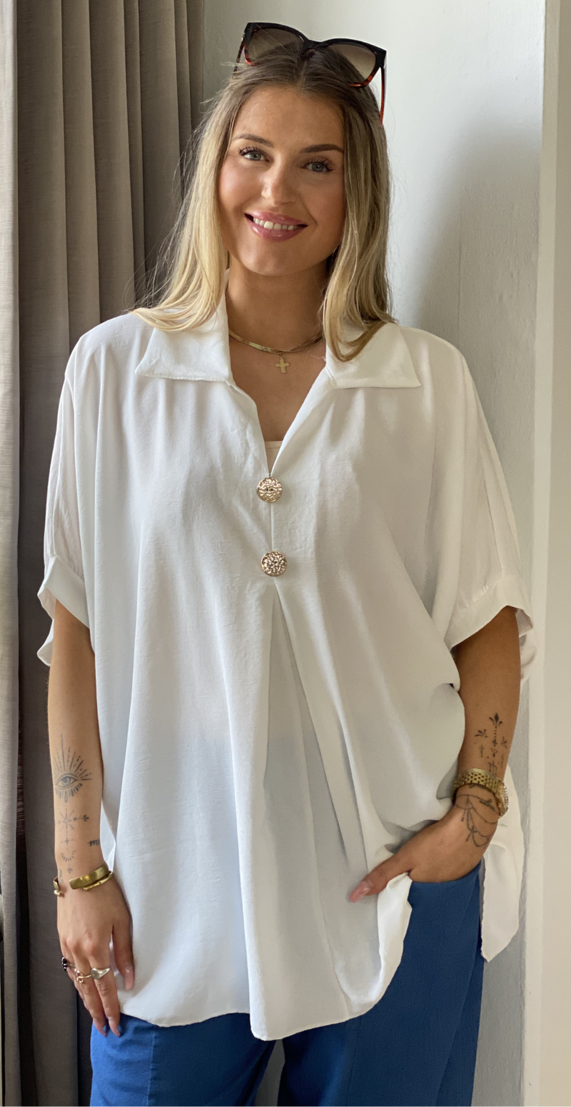 Lizzy bluse med krave og guldknapper hvid LikeLondon