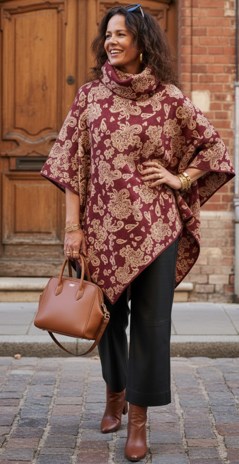 Sienna poncho med paisley mønster wine LikeLondon