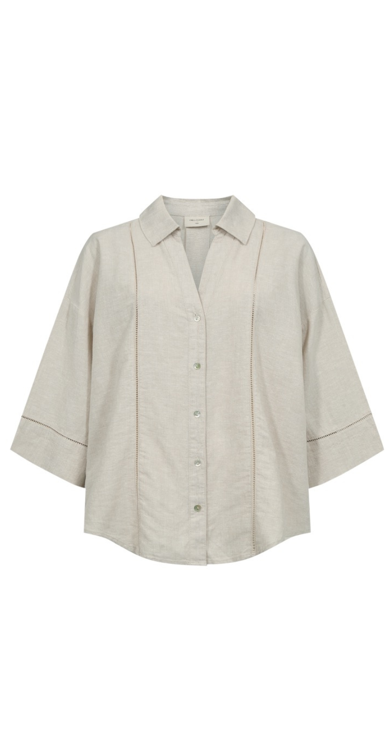 Laluna gennemknappet hørbluse med hulmønster moonbeam melange Freequent