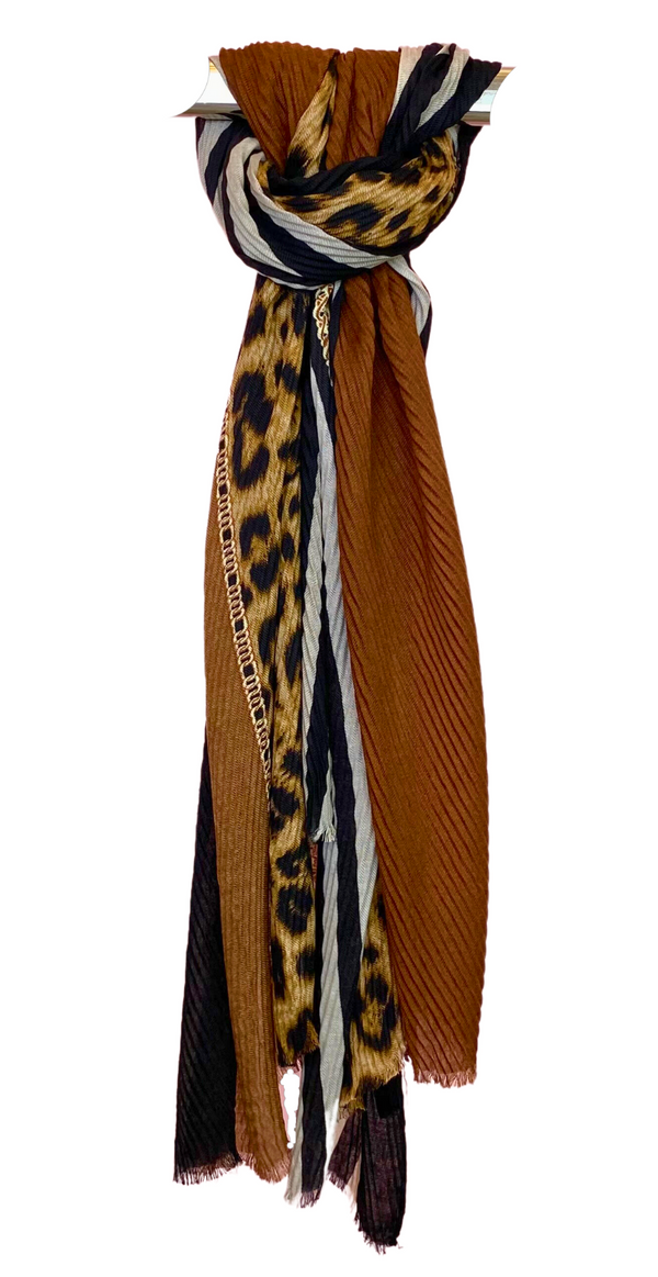 Tørklæde med striber og dyreprint brun LikeLondon
