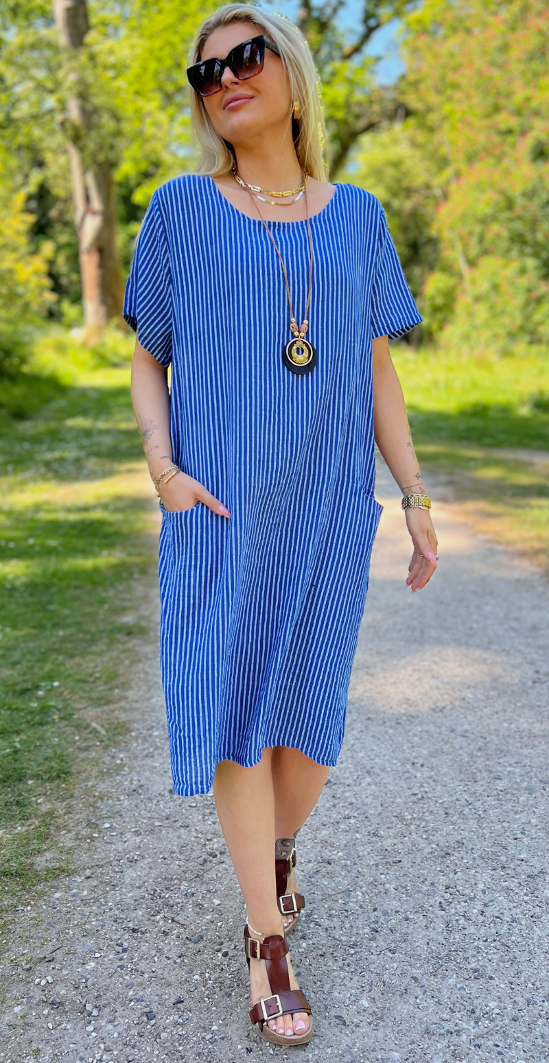 Forudbestilling uge 22 Ragna kjole med striber og lommer royalblue LikeLondon
