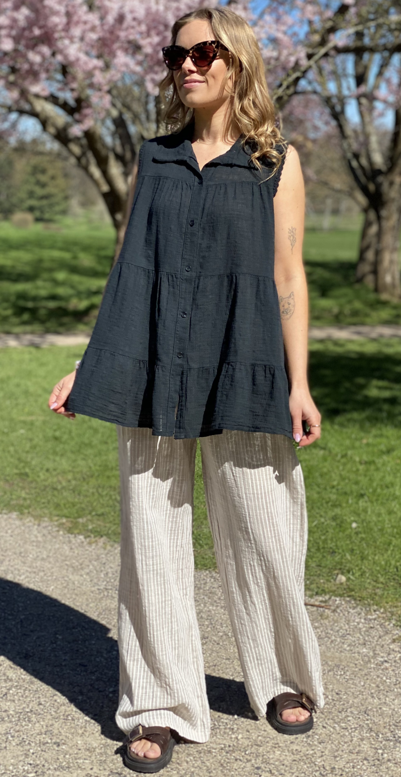 Rinda bluse uden ærmer med peplum og hæklede detaljer sort LikeLondon