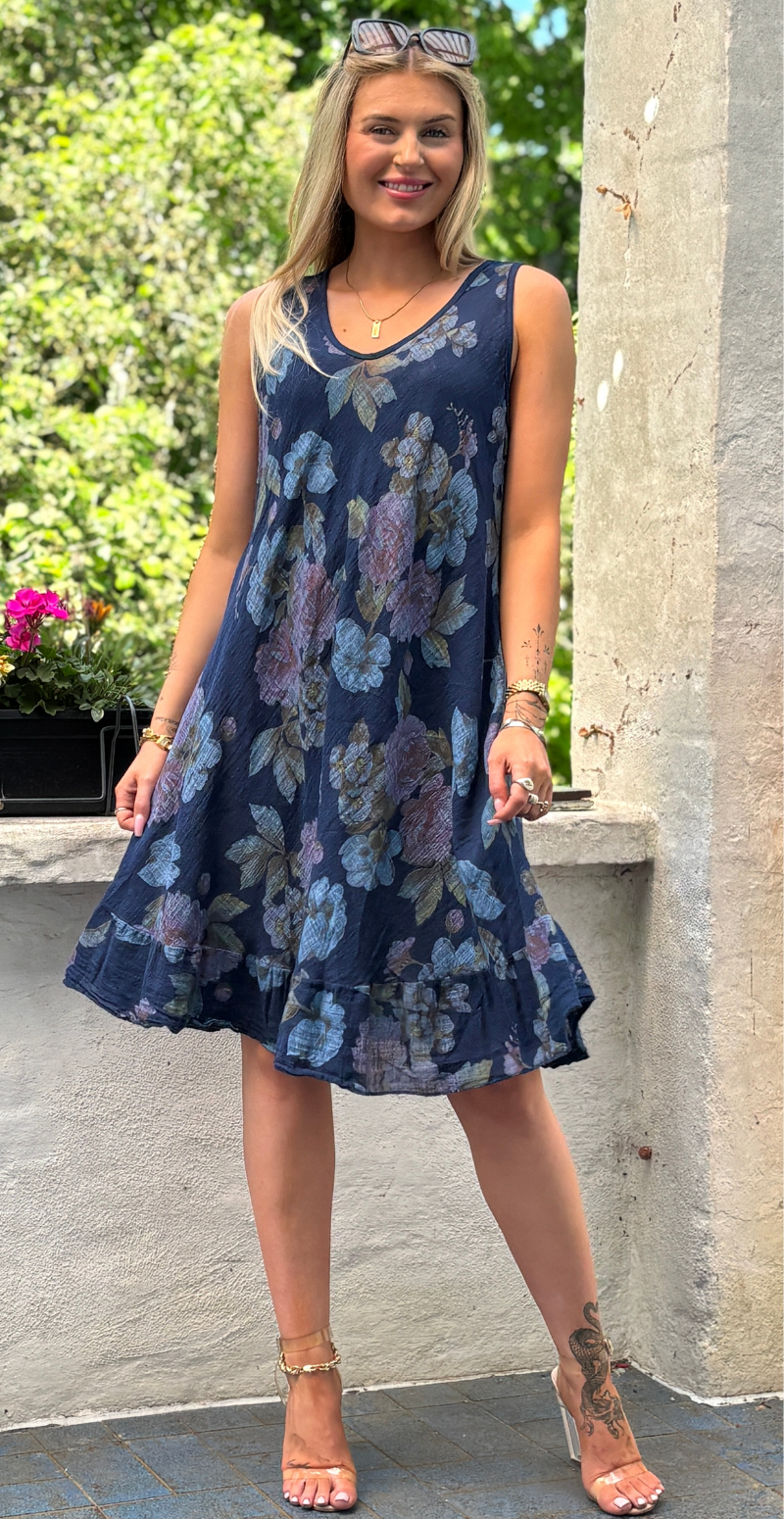 Iben kjole med blomsterprint og peplum navy LikeLondon