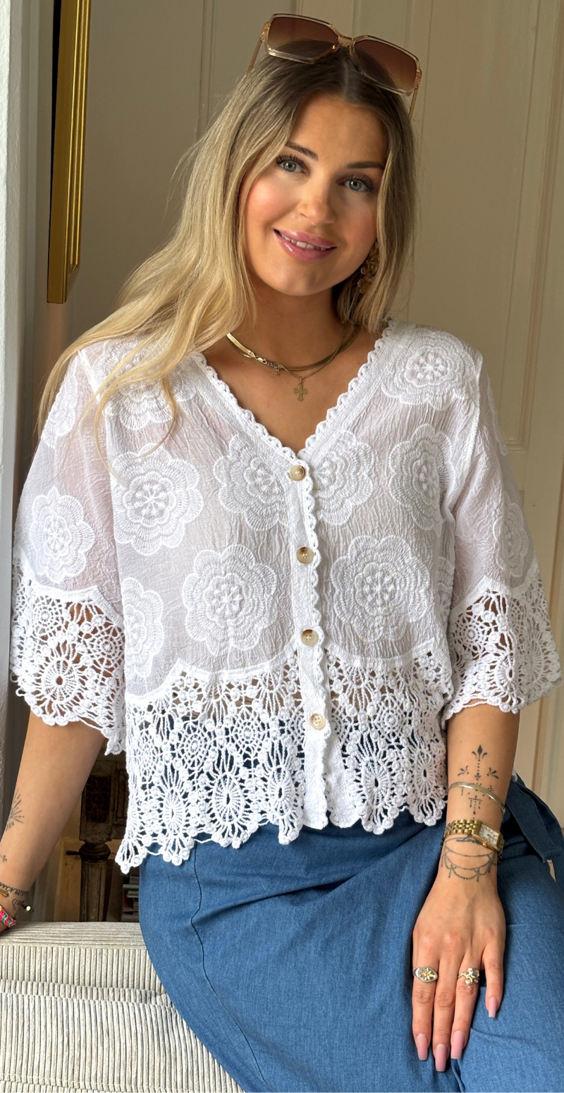 Silvia cardigan med 3/4 ærmer og hæklede kanter hvid LikeLondon