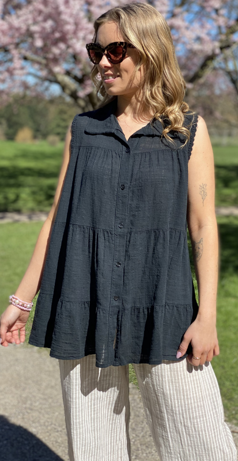 Rinda bluse uden ærmer med peplum og hæklede detaljer sort LikeLondon