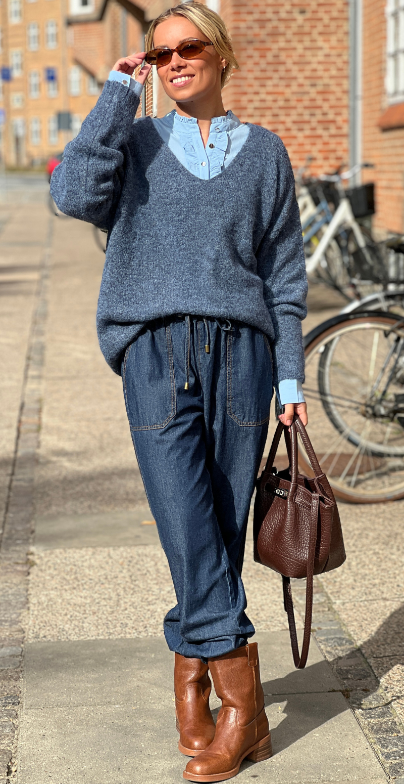 Sonja strik i uld med lange ærmer og v-hals jeans LikeLondon