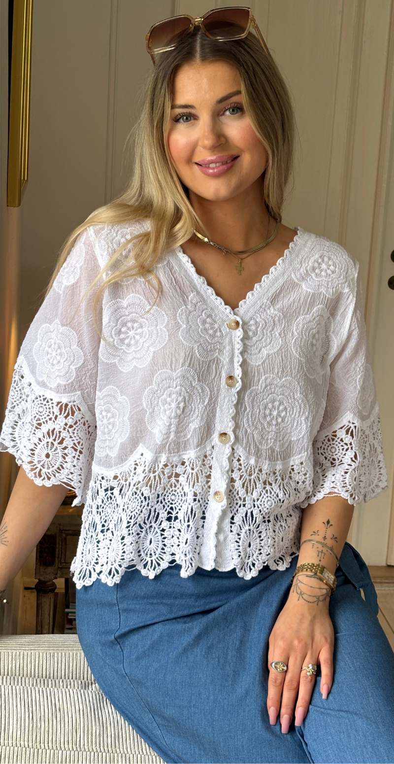 Silvia cardigan med 3/4 ærmer og hæklede kanter hvid LikeLondon