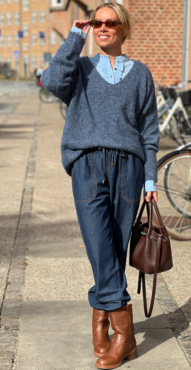 Sonja strik i uld med lange ærmer og v-hals jeans LikeLondon