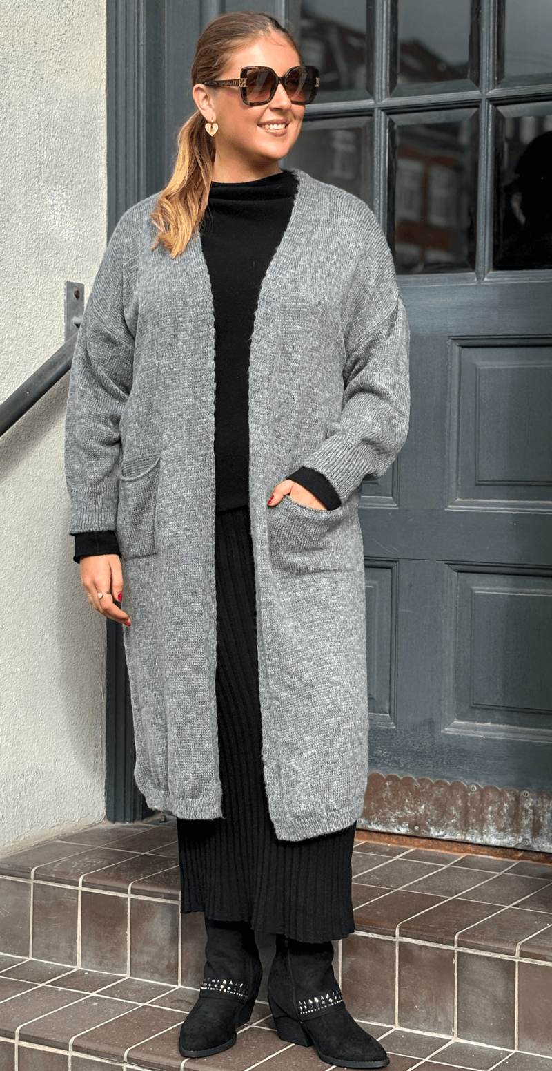 Ramona lang strik cardigan med hest på ryggen grå LikeLondon