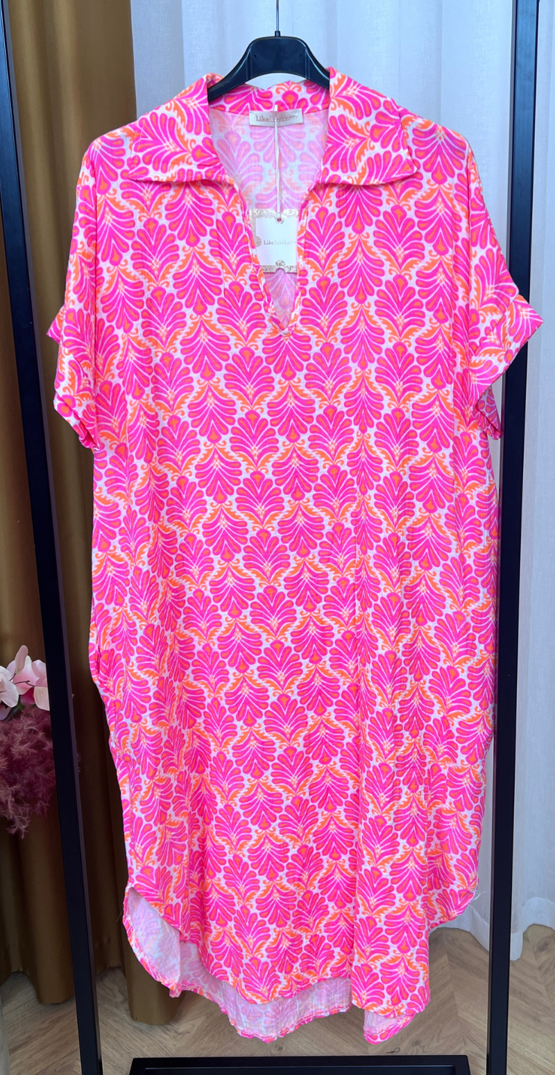 Dagmar kjole i musselin pink/orange LikeLondon