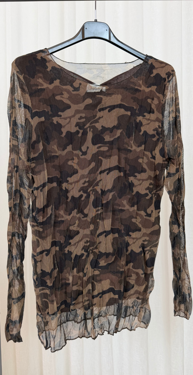 Sofie langærmet meshbluse med indertop fango camouflage LikeLondon