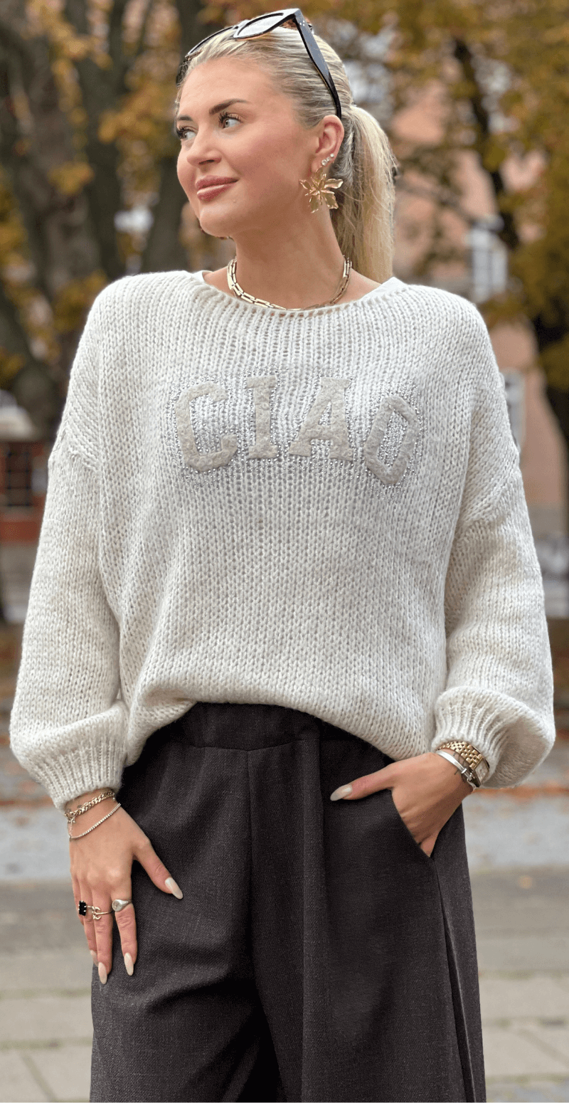 Lola uldstrik bluse med "CIAO" beige LikeLondon