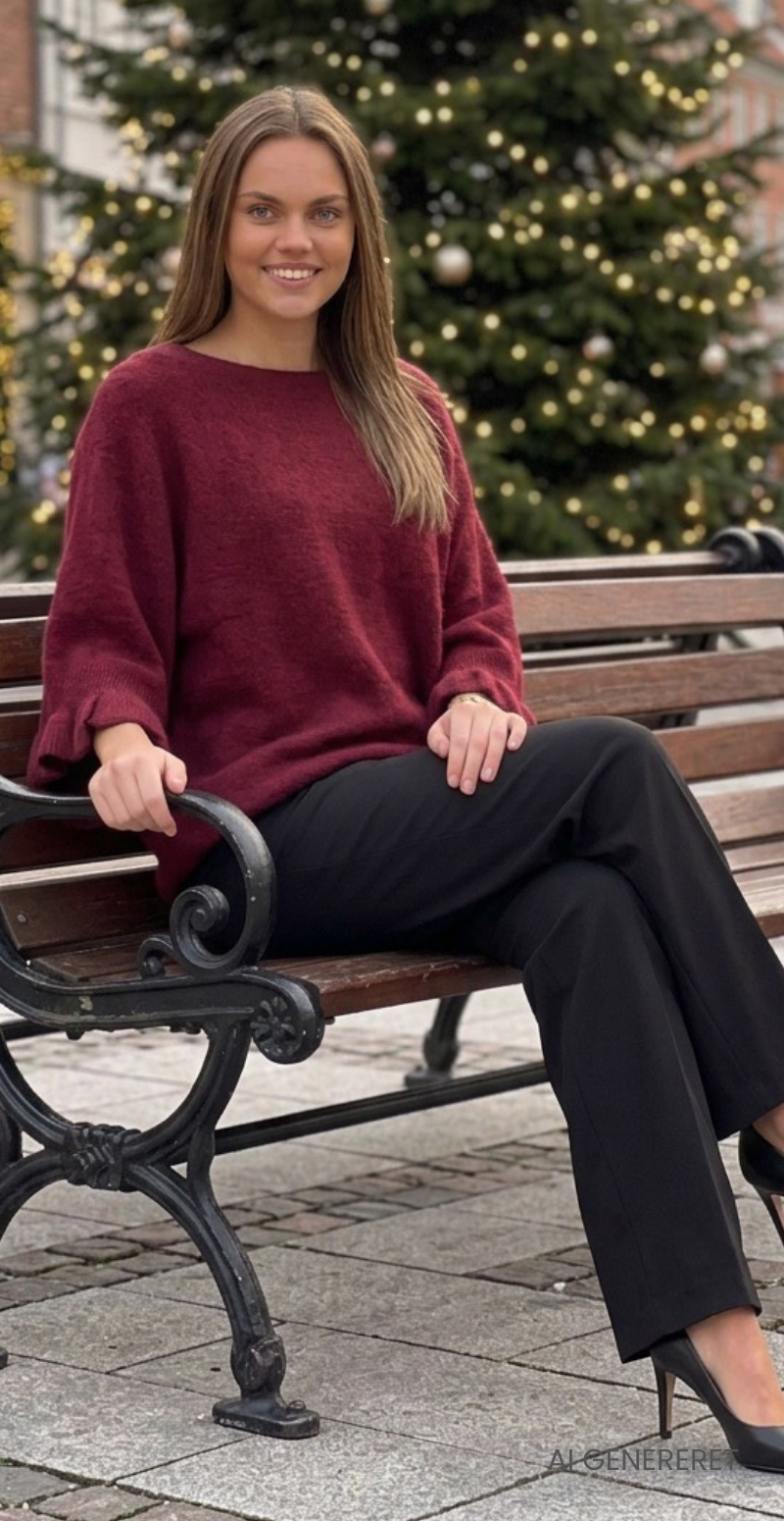 Louise strikbluse i baby alpaca med flæsedetaljer og 3/4 ærmer bordeaux LikeLondon