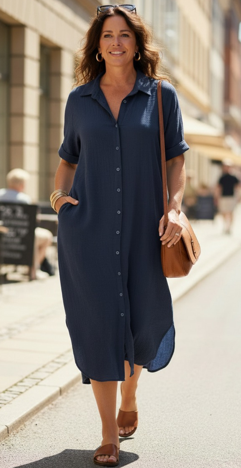 Ella gennemknappet kjole i musselin navy LikeLondon