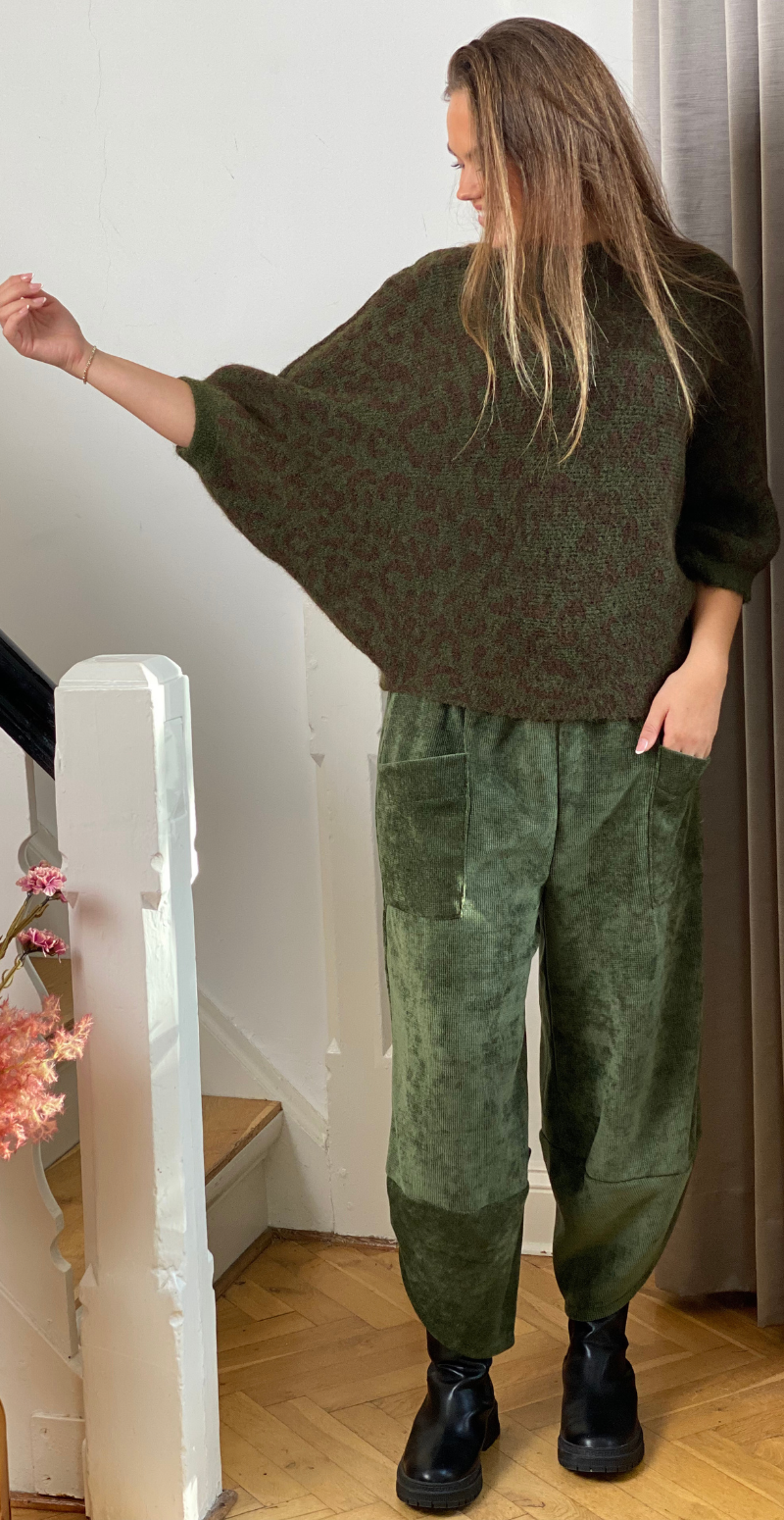 Sandra uldstrik med flagermusærmer og leopard mønster army LikeLondon