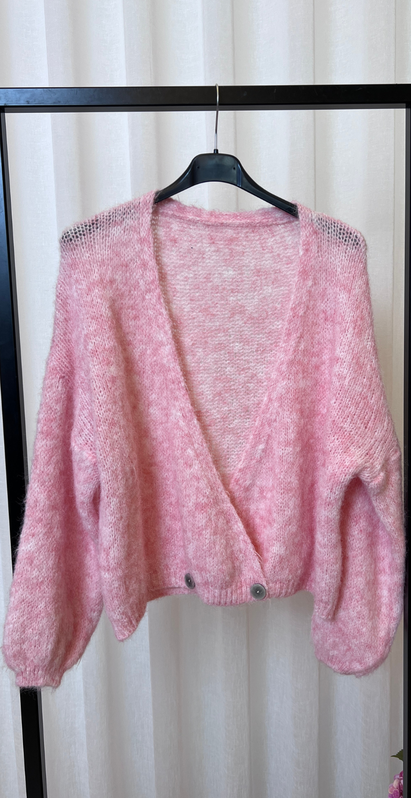 Kitty strikcardigan med wrapeffekt og knapper rosa LikeLondon