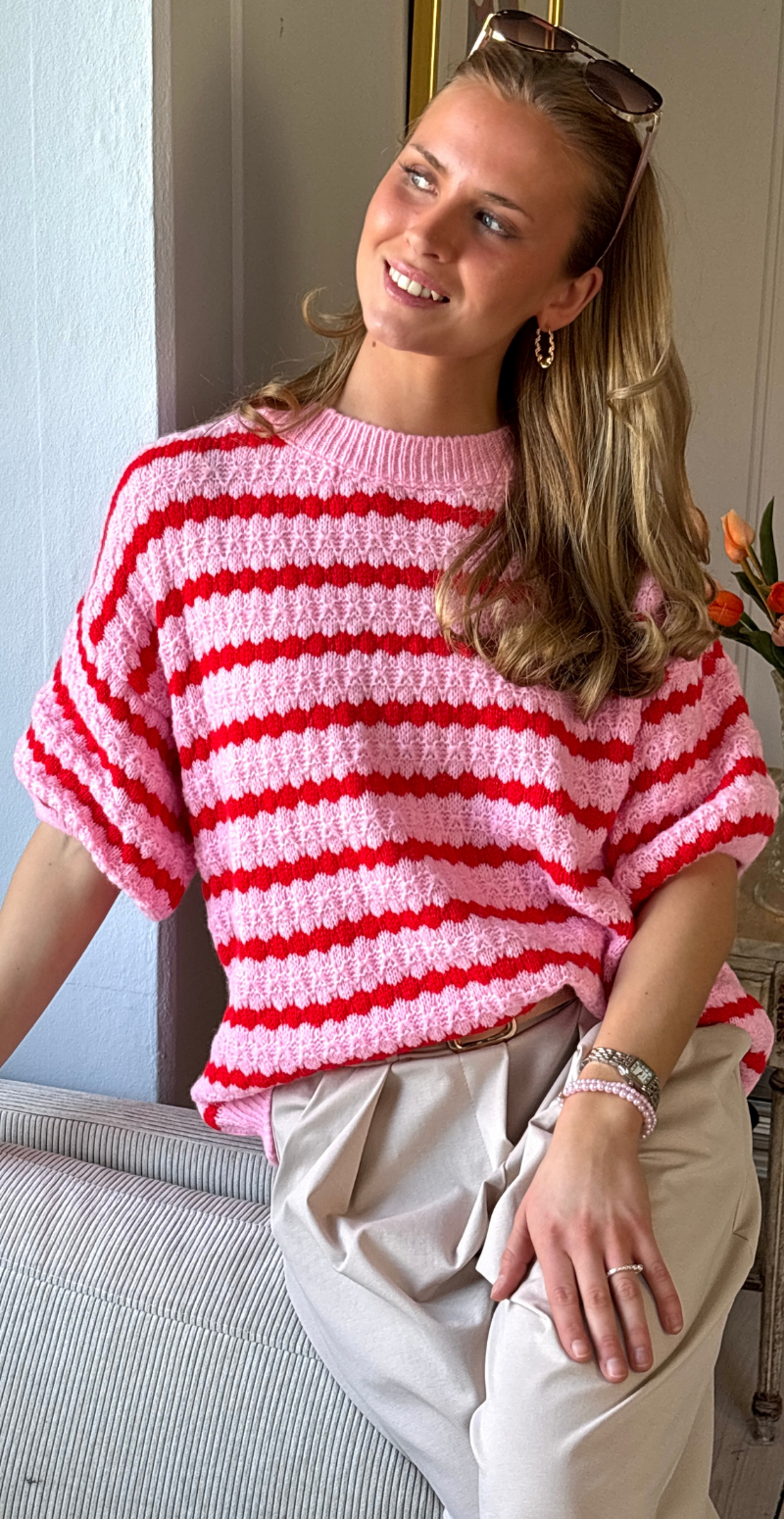 Nadine kortærmet strik med stribetmønster pink/rød LikeLondon