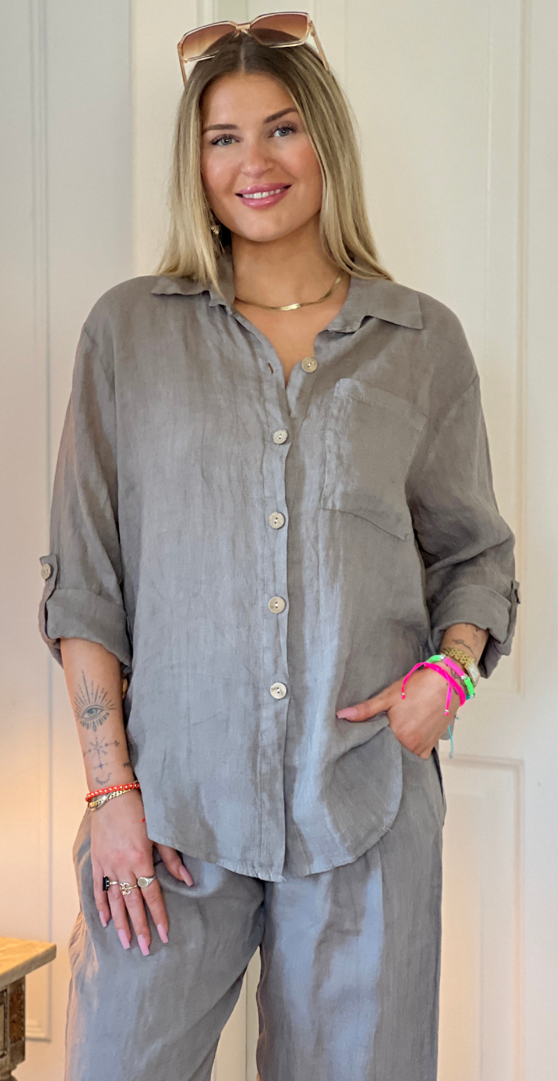 Bicca hørskjorte med brystlomme og pynteknapper fango LikeLondon