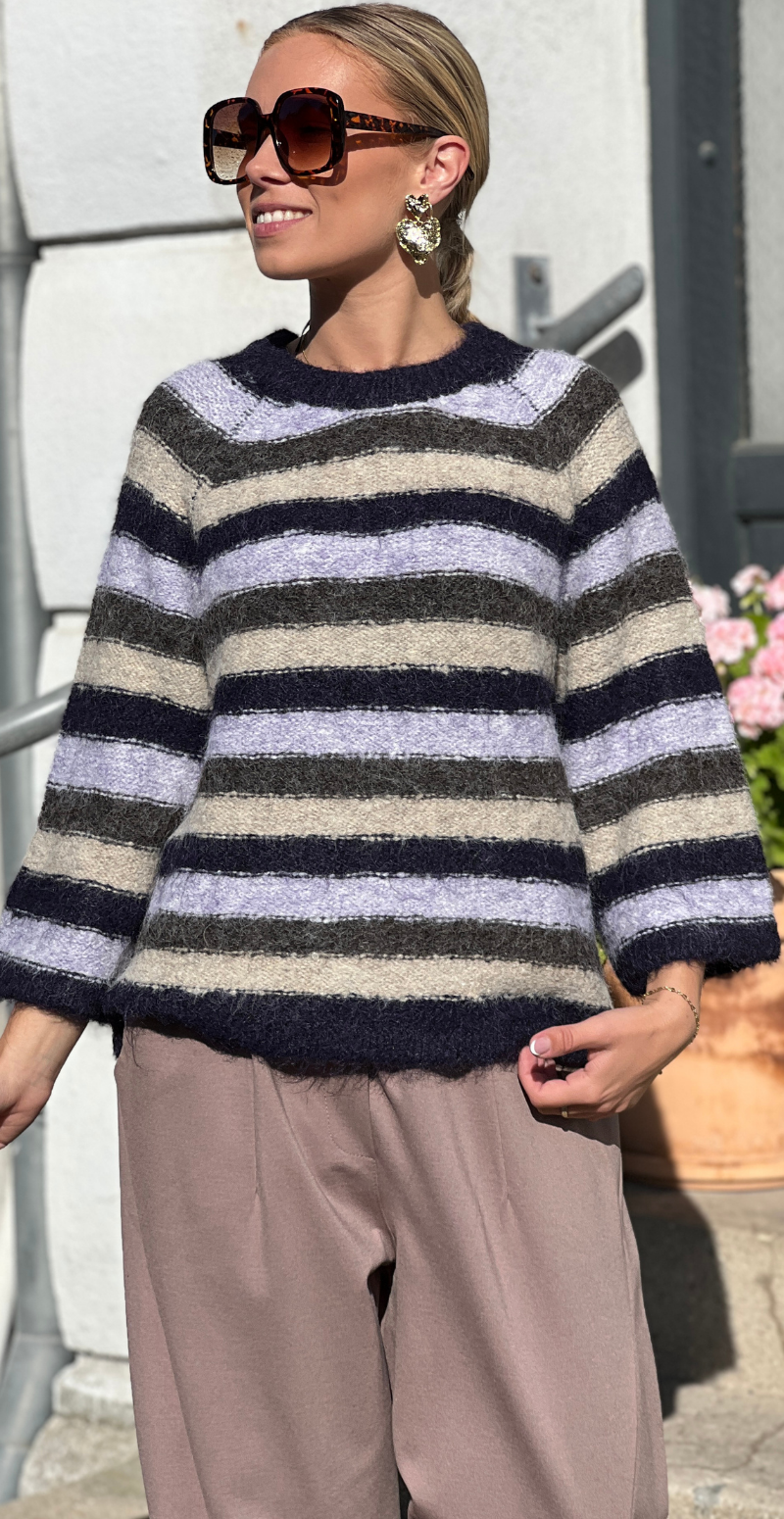 Lulu pullover med striber og 3/4 ærmer nightshade Freequent