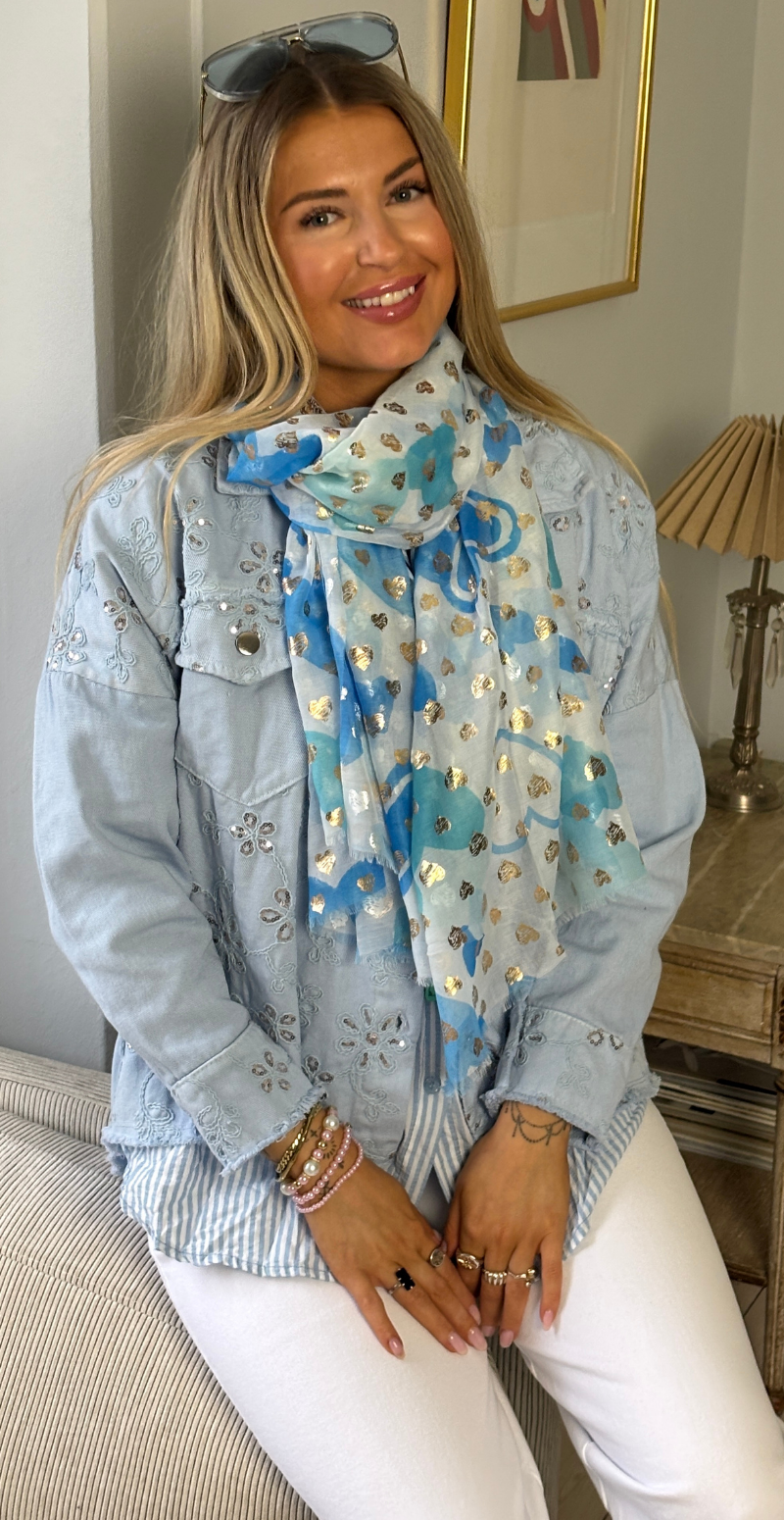 Tørklæde med små guld hjerter blå LikeLondon