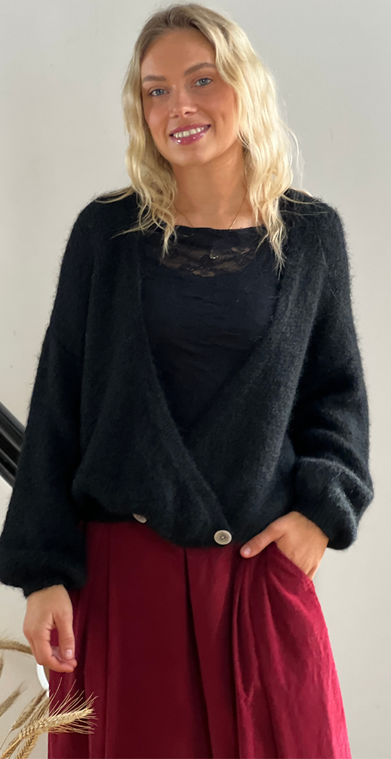 Kvinde i sort Kitty strikcardigan med wrapeffekt og knapper forfra fra LikeLondon.com.