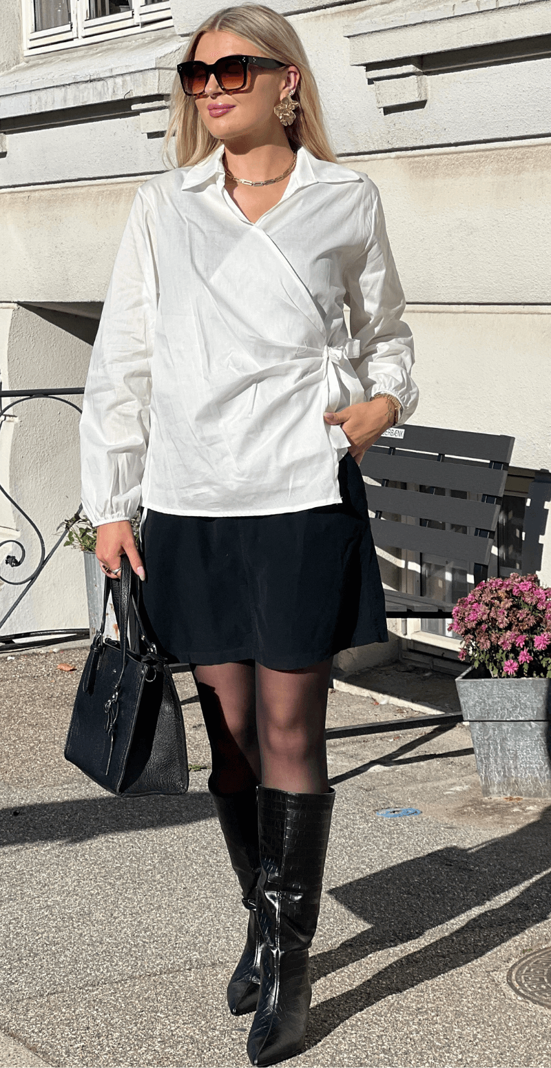 Maria slå om bluse med bindebånd hvid LikeLondon