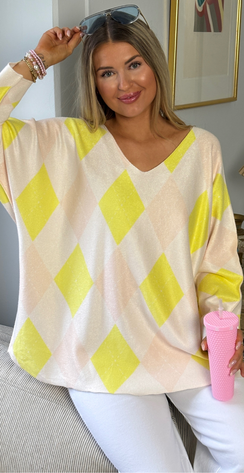 Lucille strik med harlekin mønster gul LikeLondon