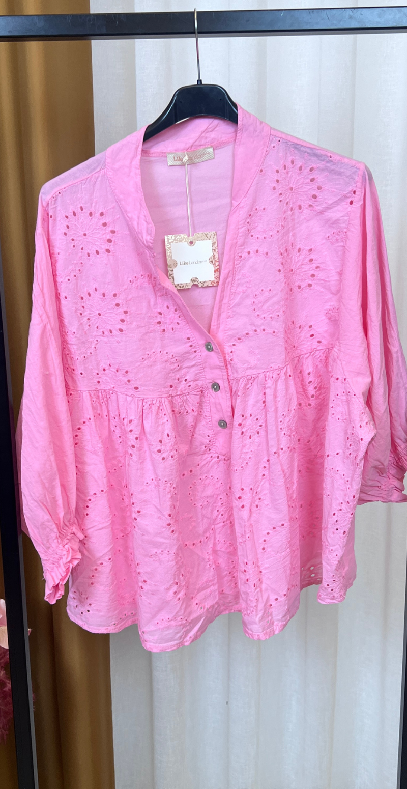 Penelope bluse med broderi anglaise baby pink LikeLondon