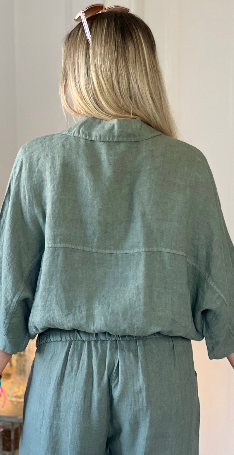 Bicca hørskjorte med elastikkant og gennemknappet militare LikeLondon