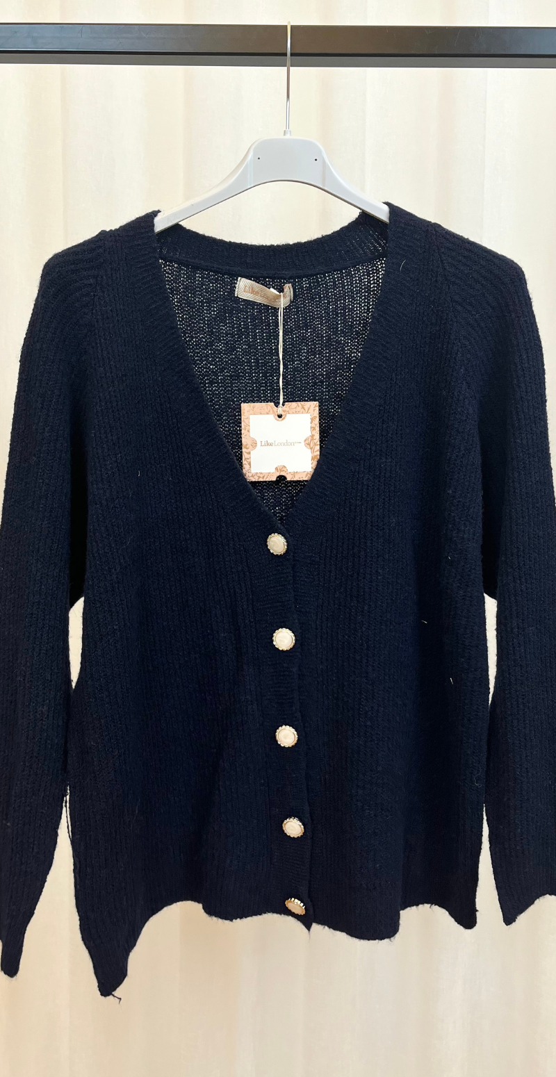 Zophia uldcardigan med V-hals og perlemorsknapper navy LikeLondon