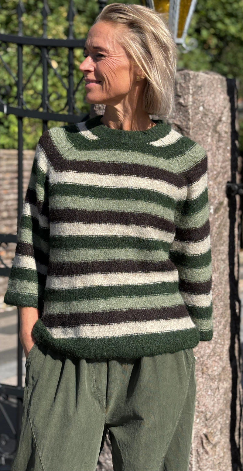 Lulu pullover med striber og 3/4 ærmer deep forest Freequent