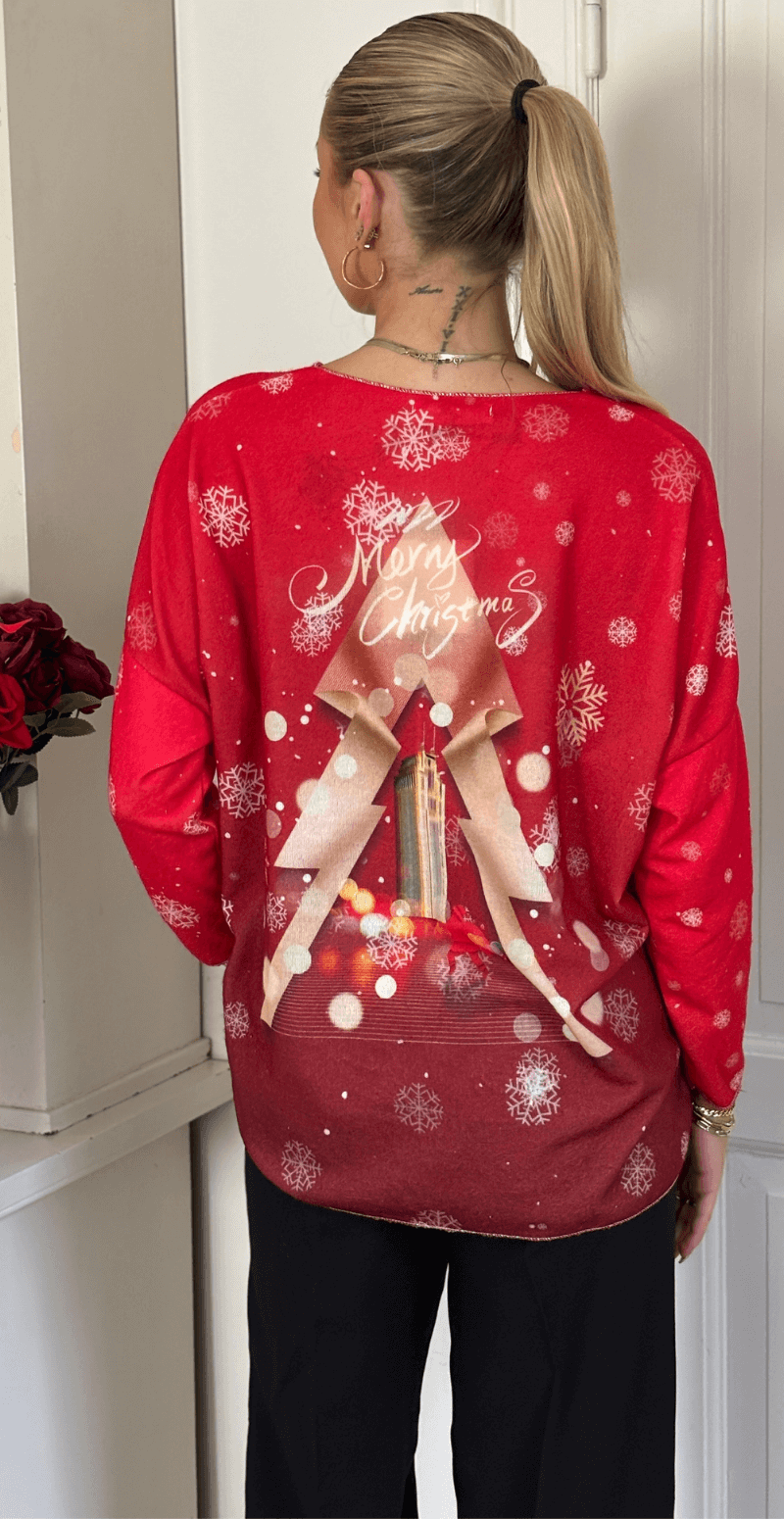 Neel julebluse med juletræ og snefnug rød LikeLondon