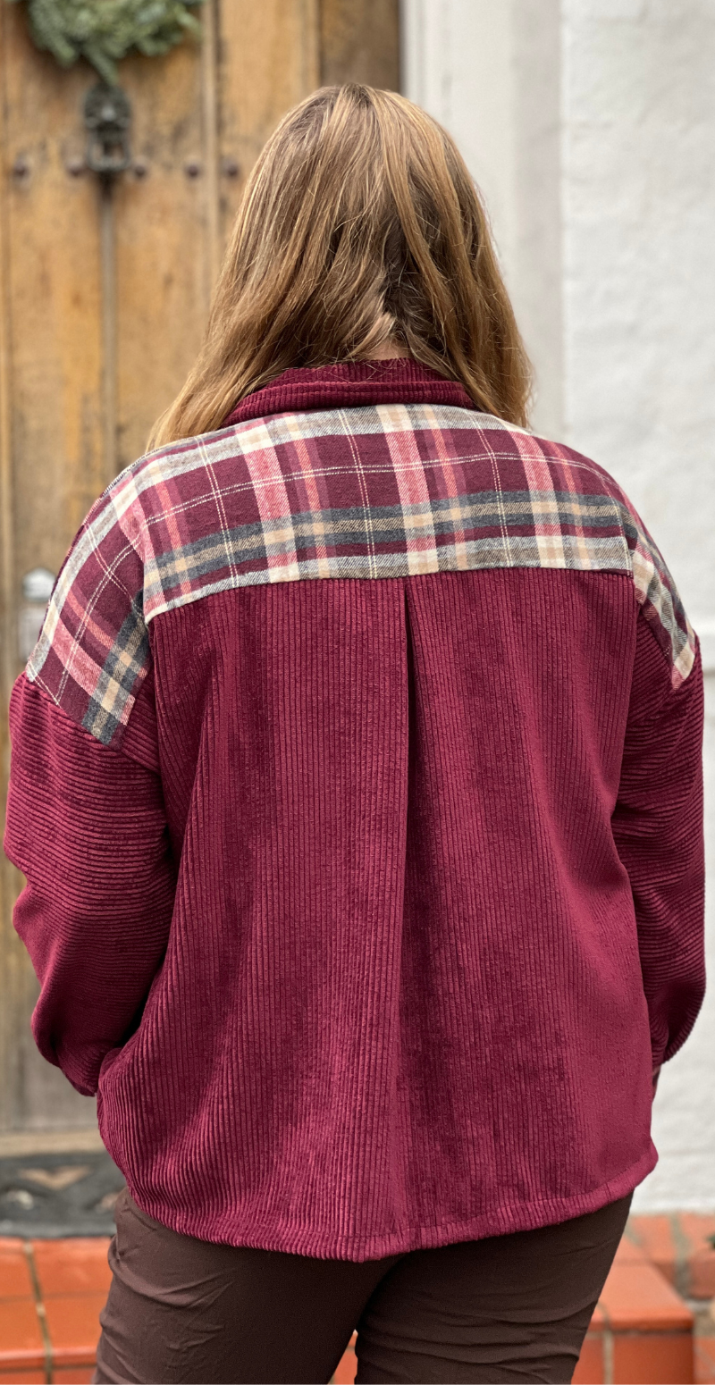 Bolette skjorte i fløjl med ternet detaljer bordeaux LikeLondon