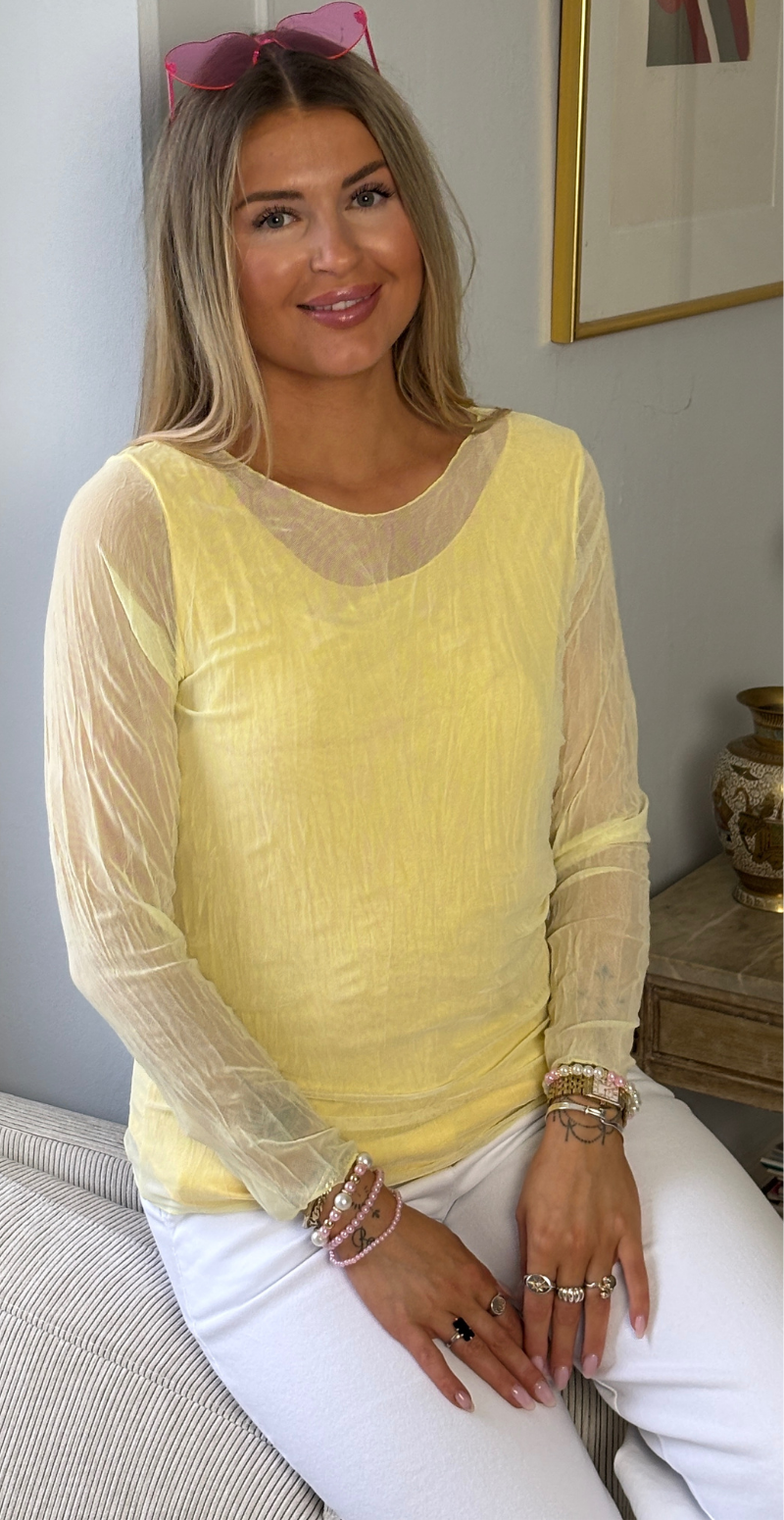 Leona mesh bluse med krøllet effekt gul LikeLondon
