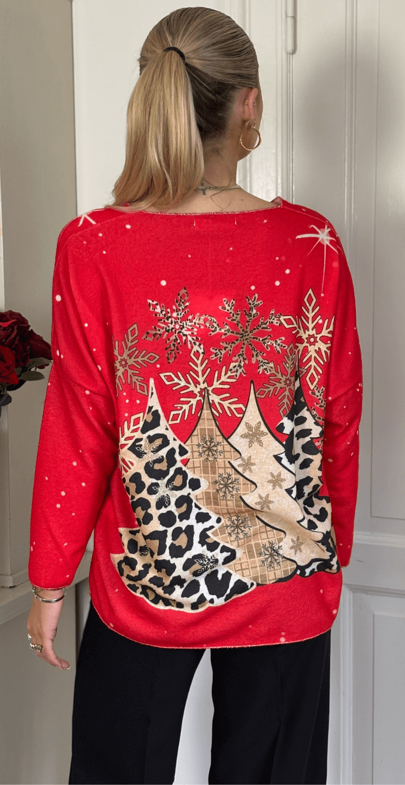 Neel julebluse med leopard juletræer rød LikeLondon