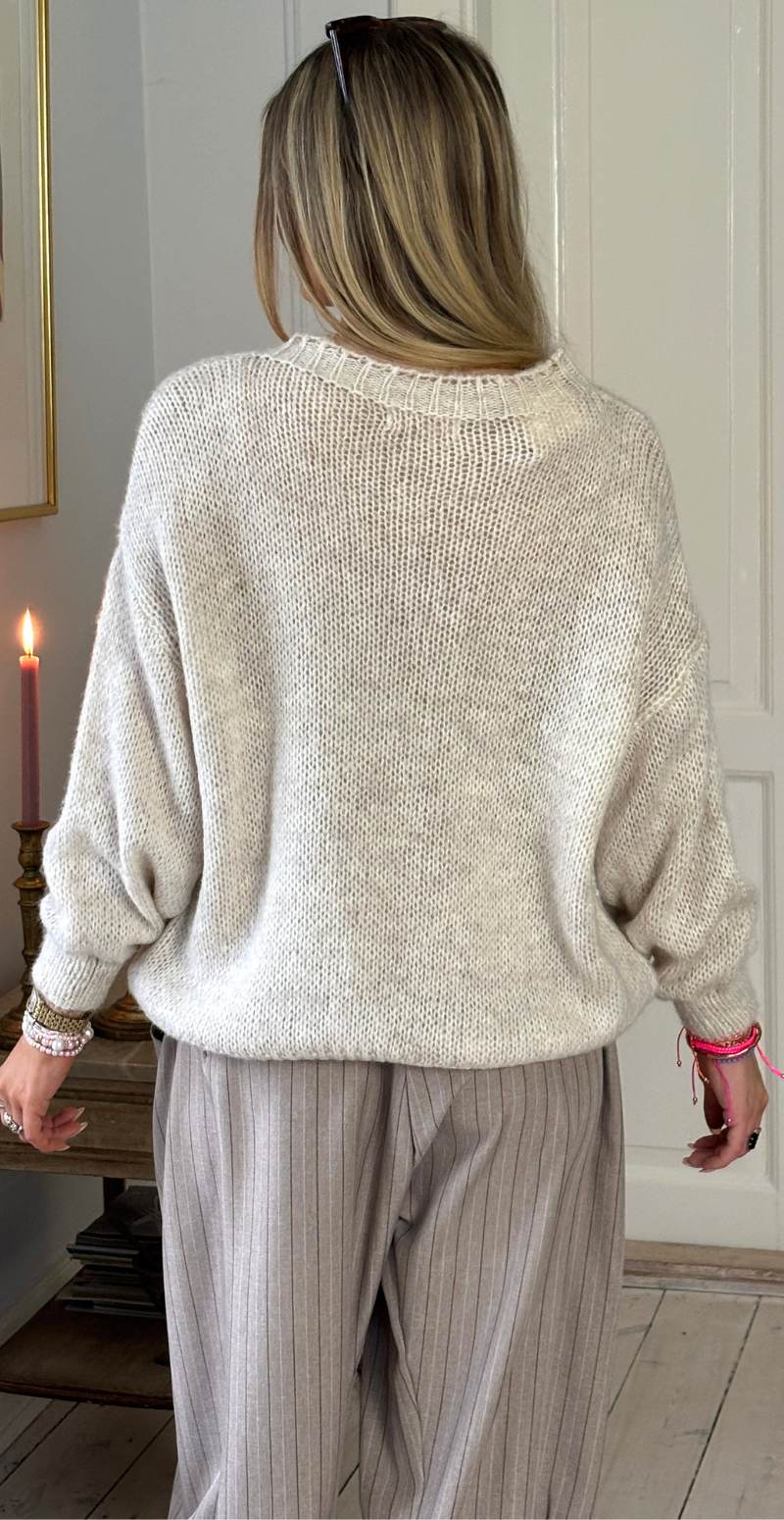 Rosaly strik med rund hals og ribkanter beige LikeLondon