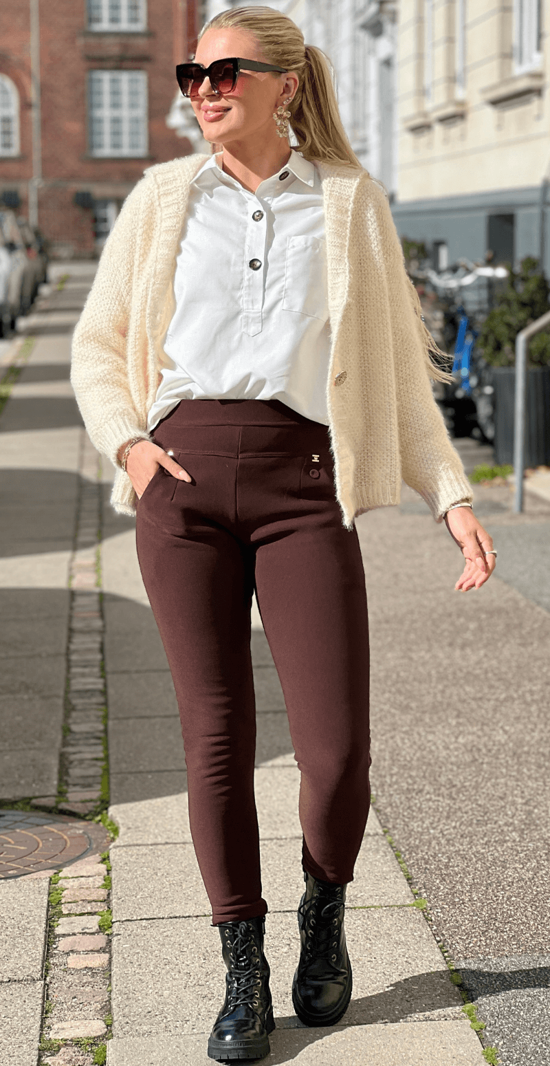 Victoria leggings med fleece og lille sten på lommen brun LikeLondon
