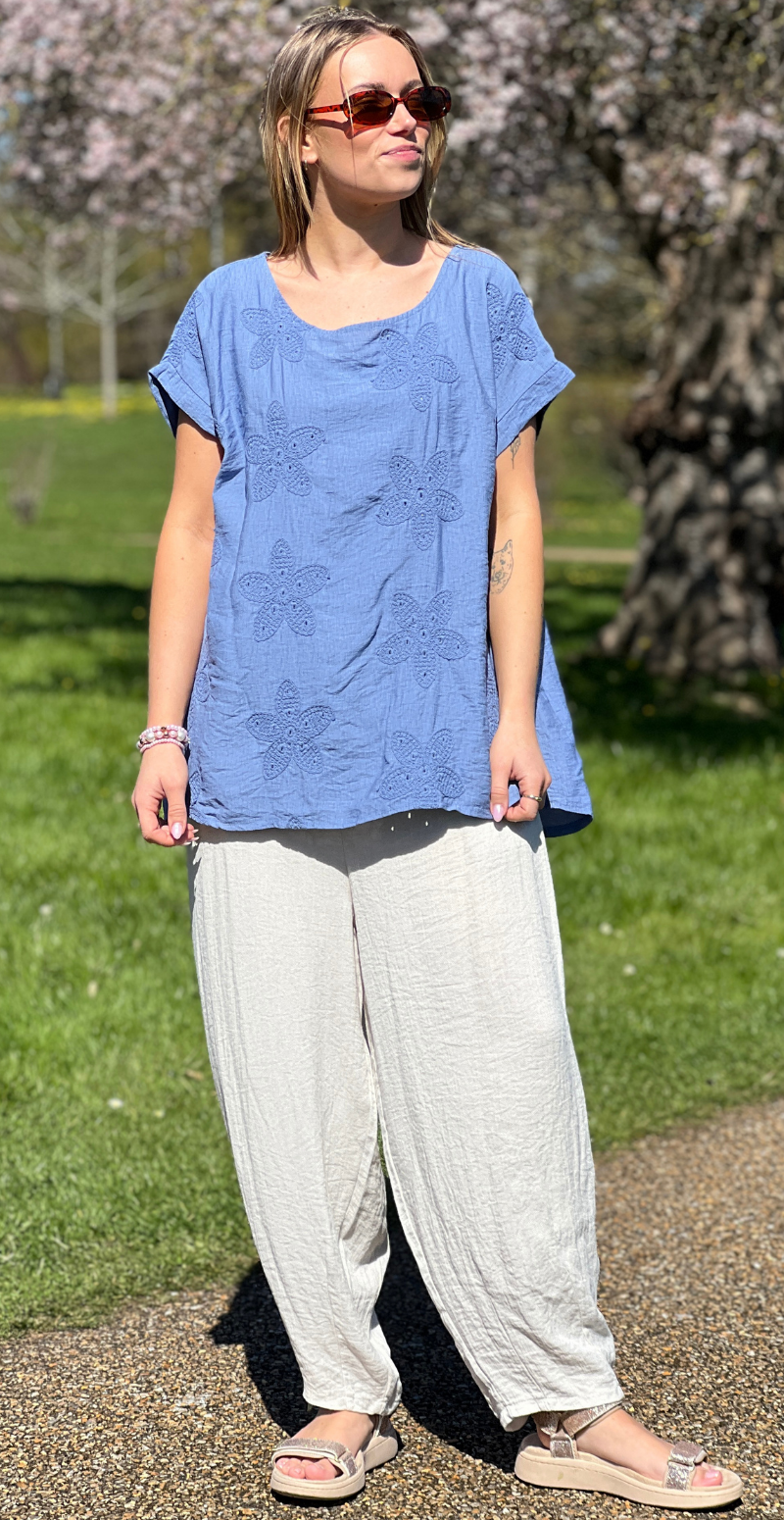 Zrita bluse med korte ærmer og hæklede blomster denim LikeLondon
