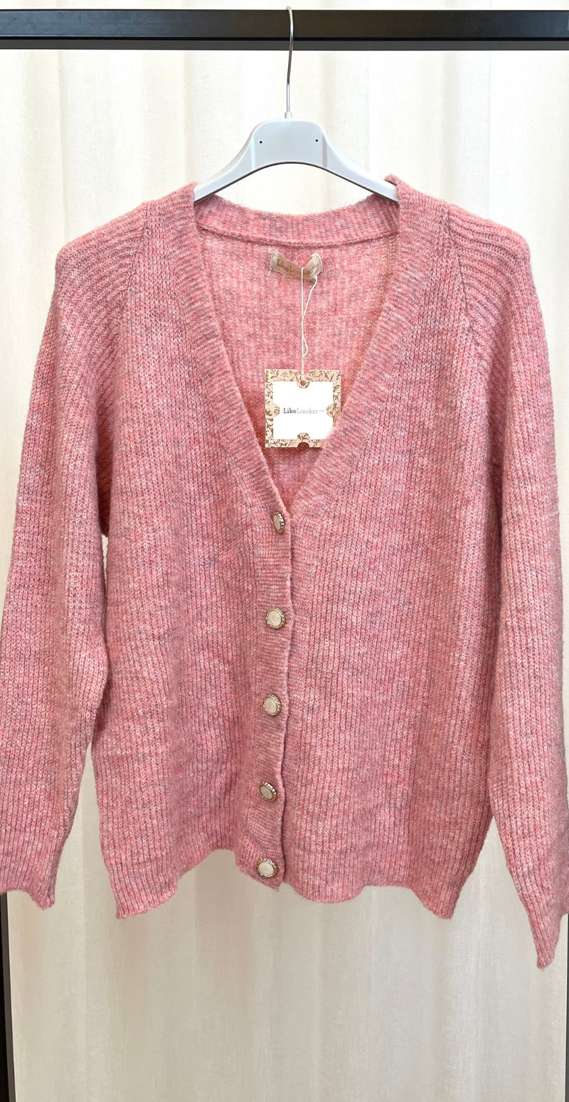 Zophia uldcardigan med V-hals og perlemorsknapper pink LikeLondon