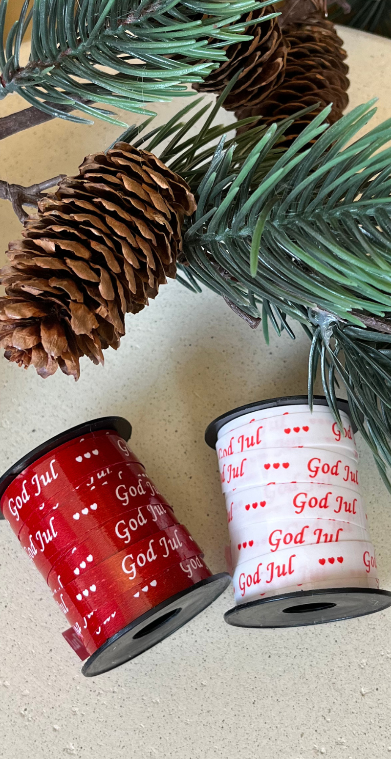 Julegavebånd med hjerter og "God jul" hvid