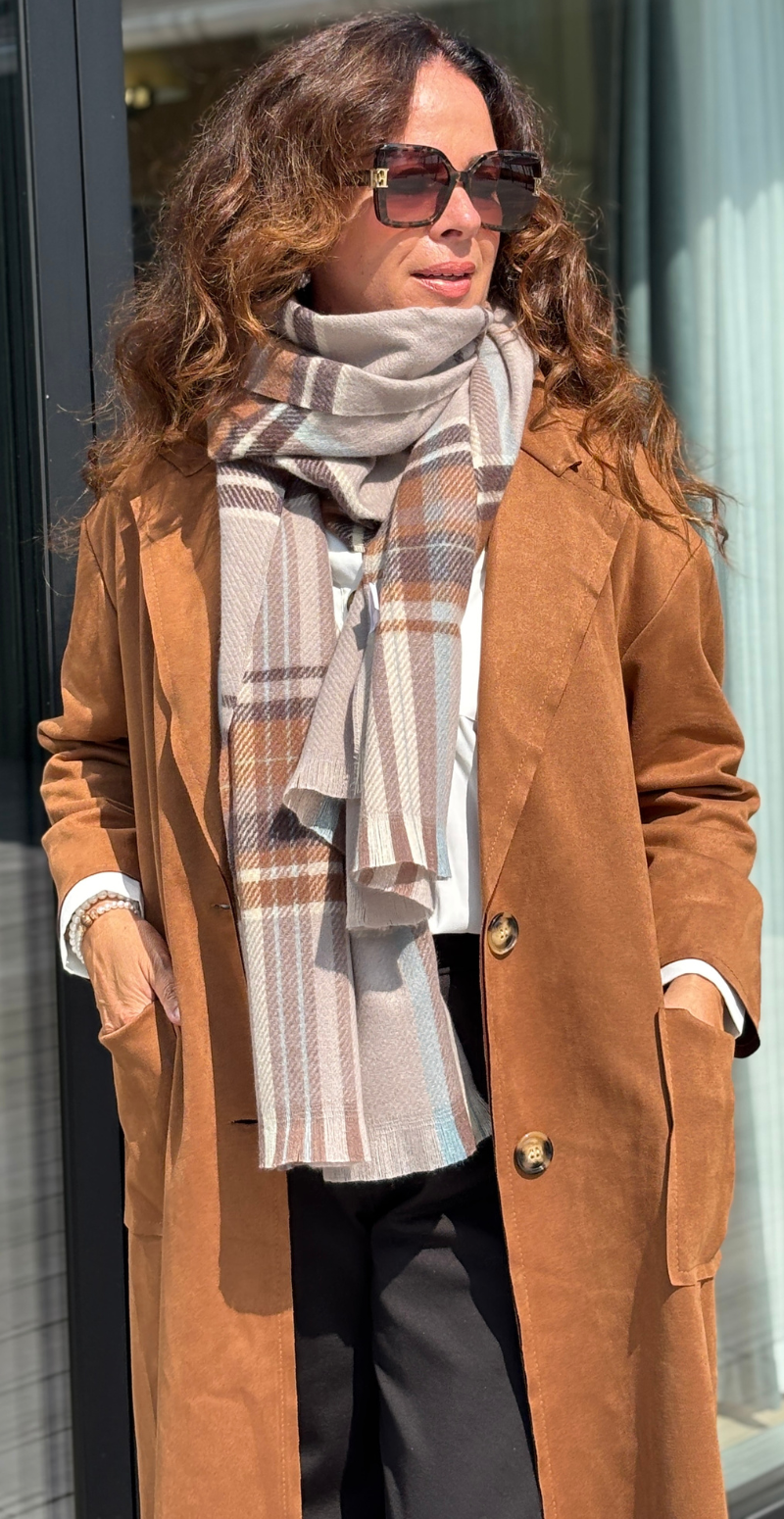 Kamella lang jakke i ruskindslook med knapper camel LikeLondon