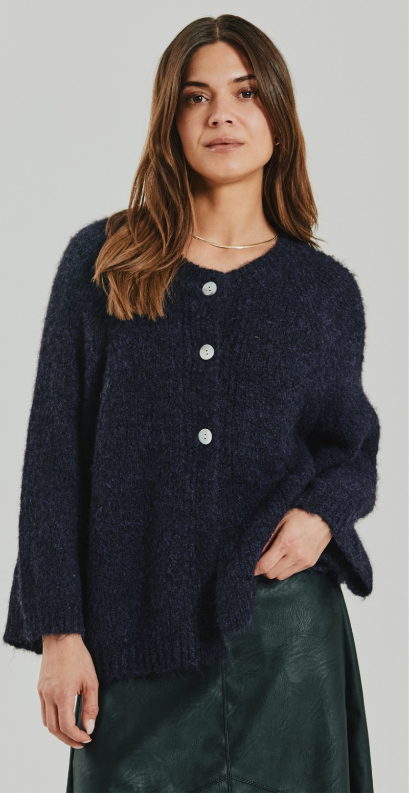 Lulu ensfarvet cardigan med 3/4 ærmer nightshade melange Freequent