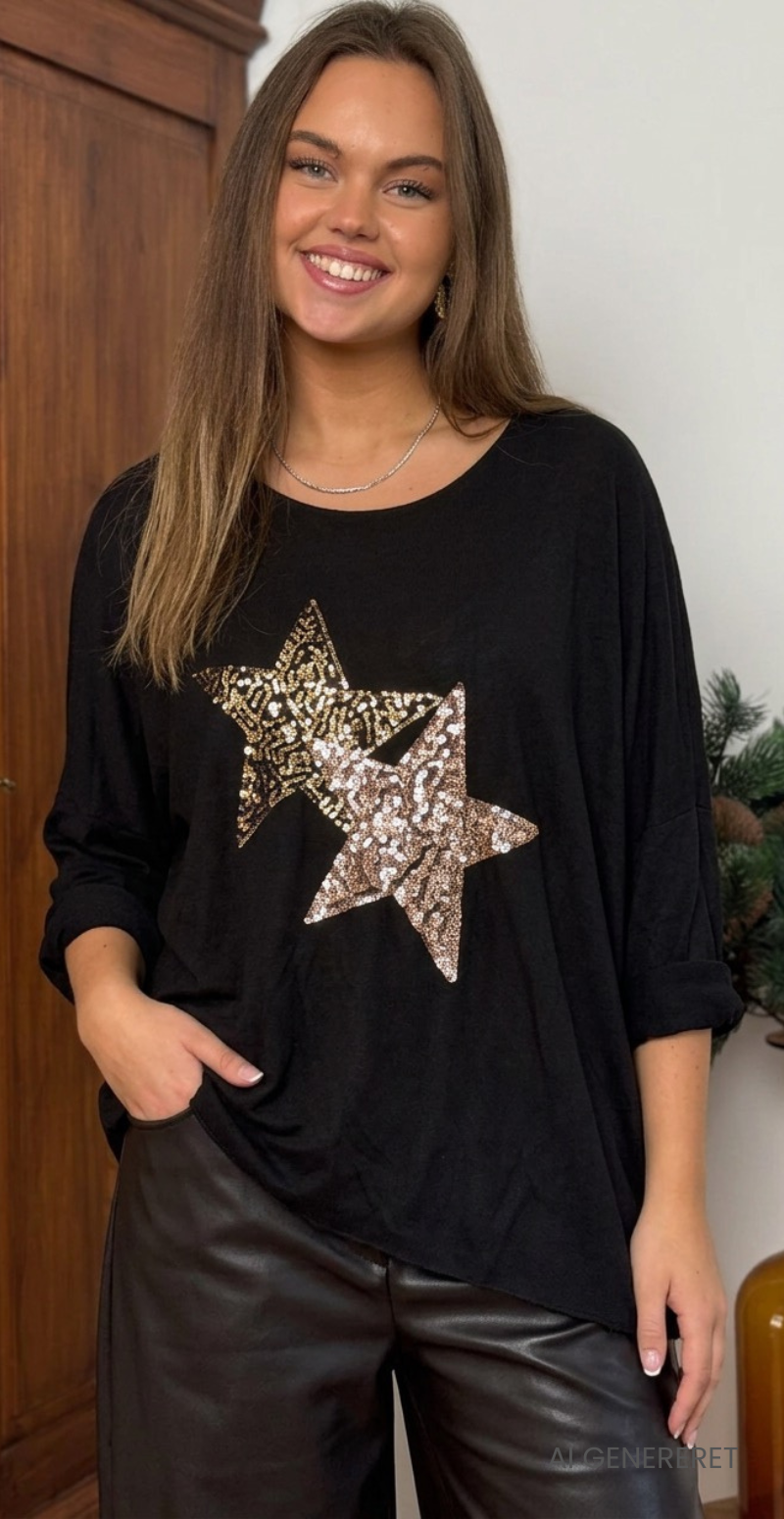Madelene strikbluse med store stjerner i pailletter sort LikeLondon