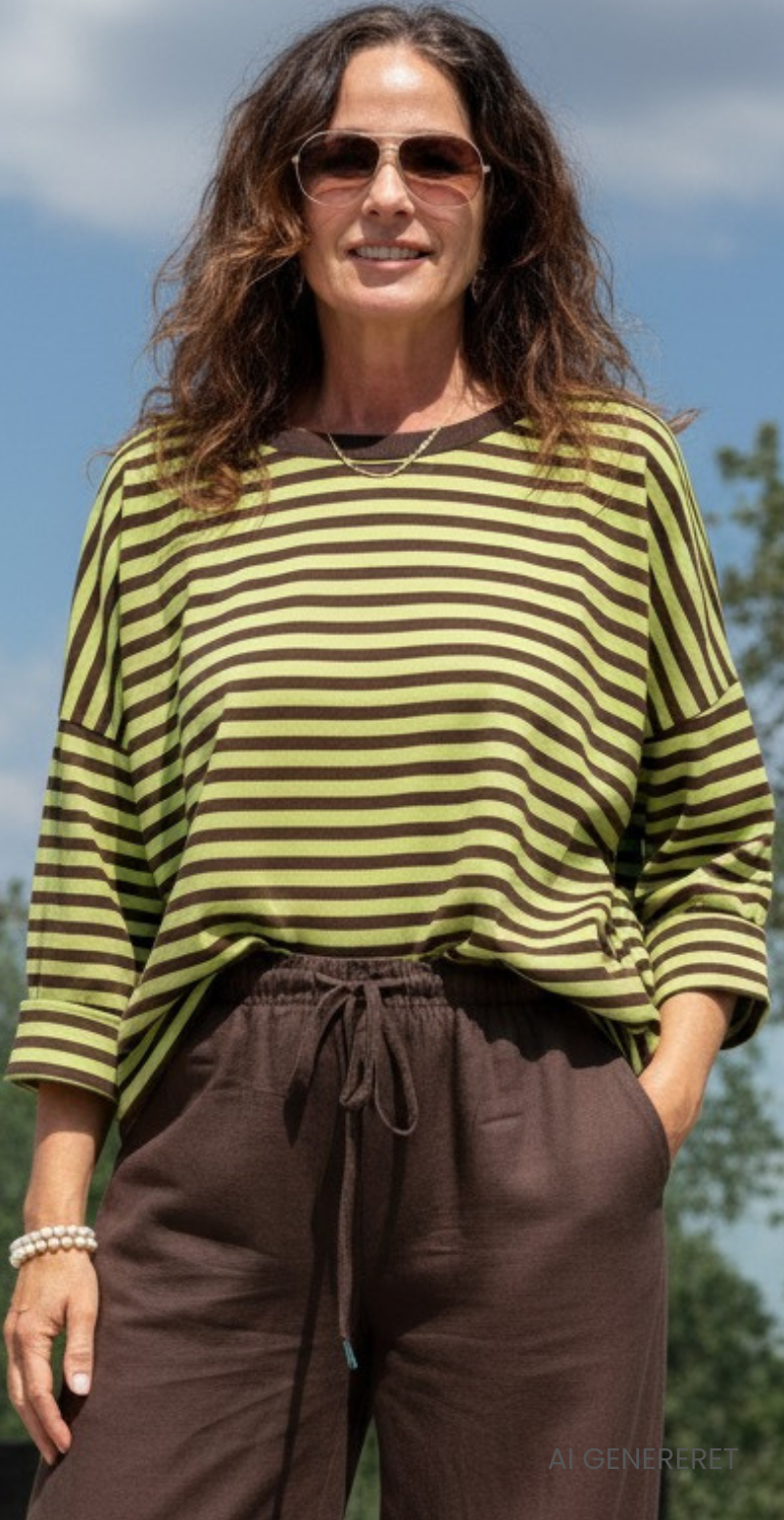 Zenia bluse med lange ærmer og striber old brown/pistachio LikeLondon