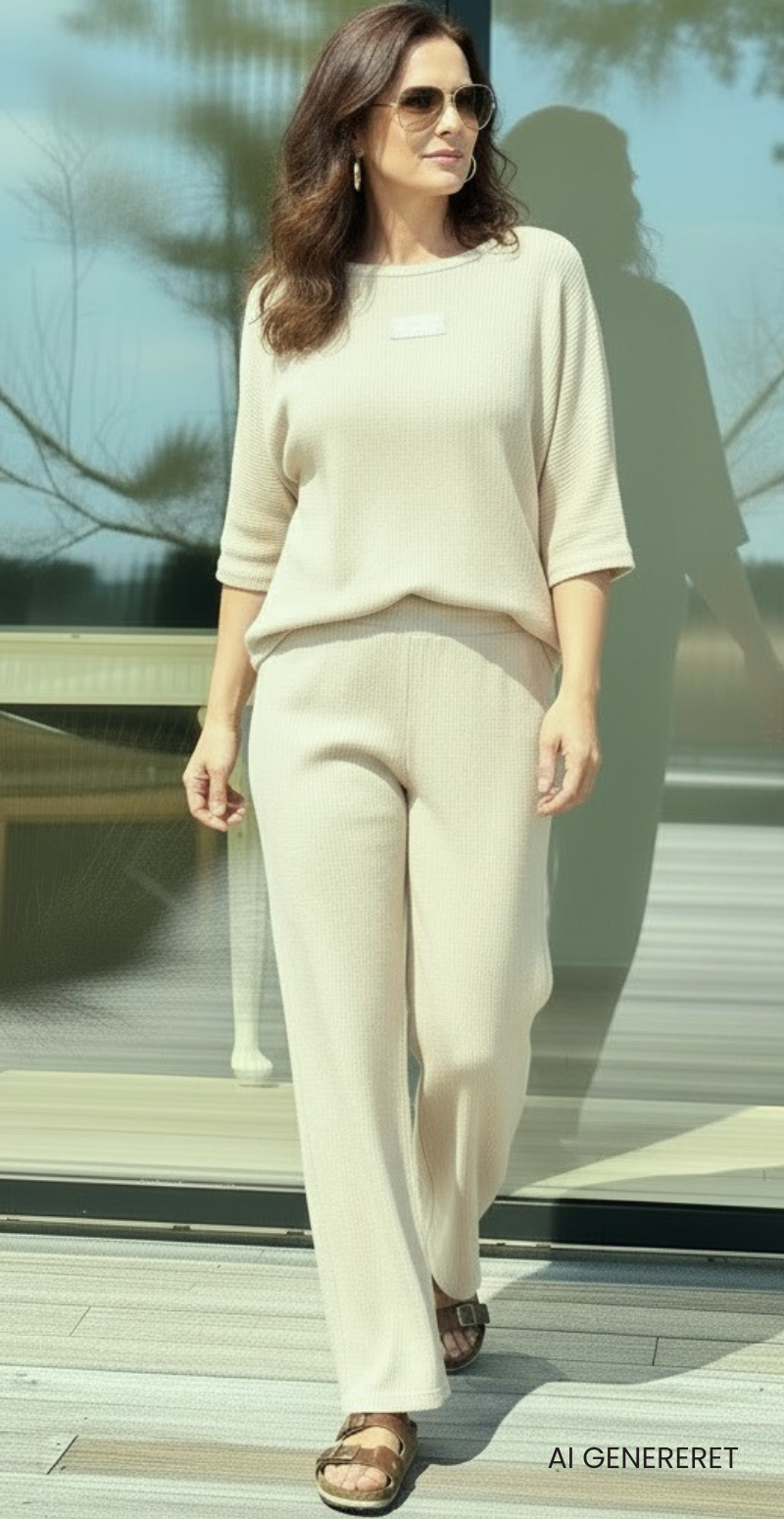 Tessie sæt med struktur og logo fortil bluse og bukser beige LikeLondon