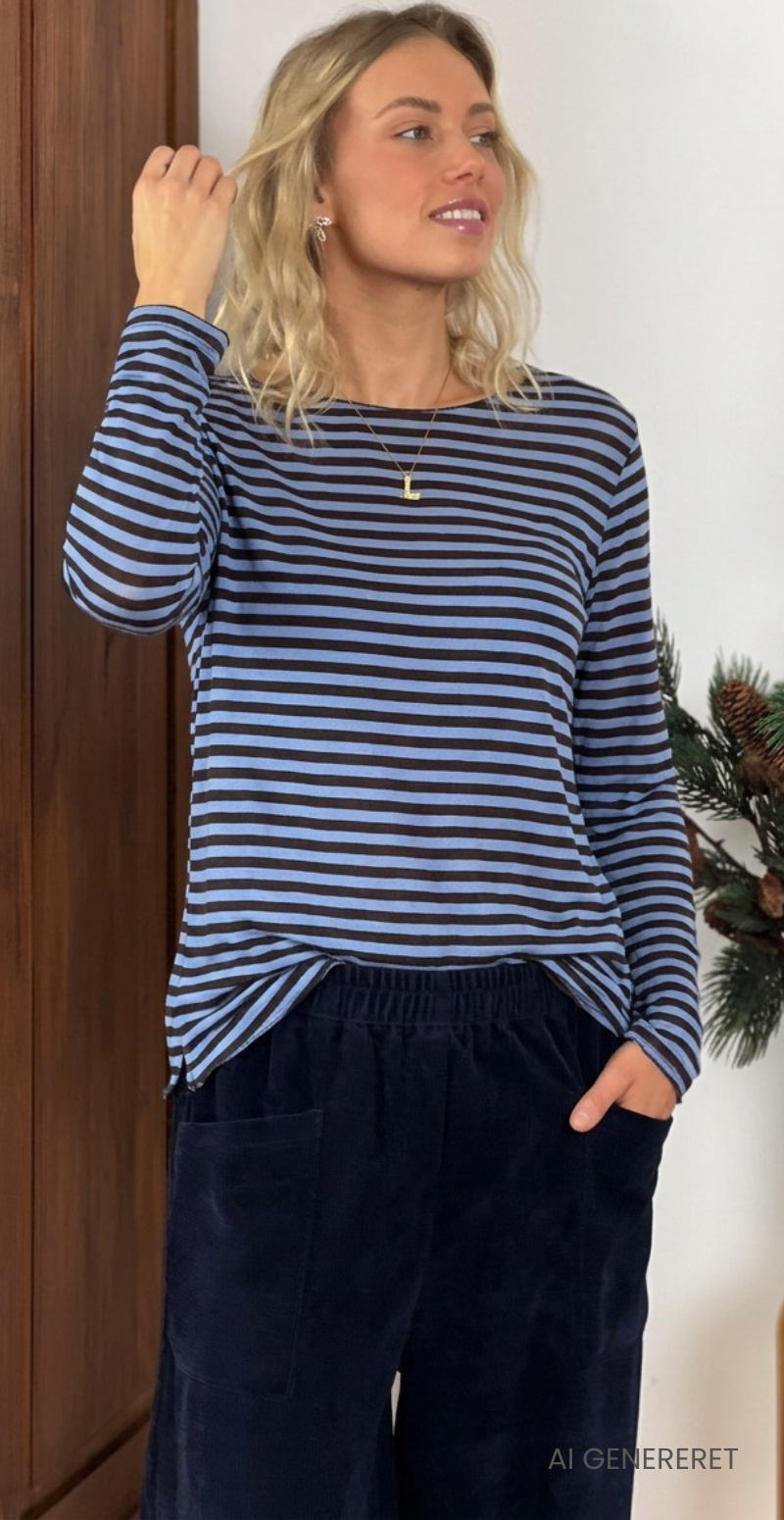 Sabrina basisbluse med striber blå/brun LikeLondon