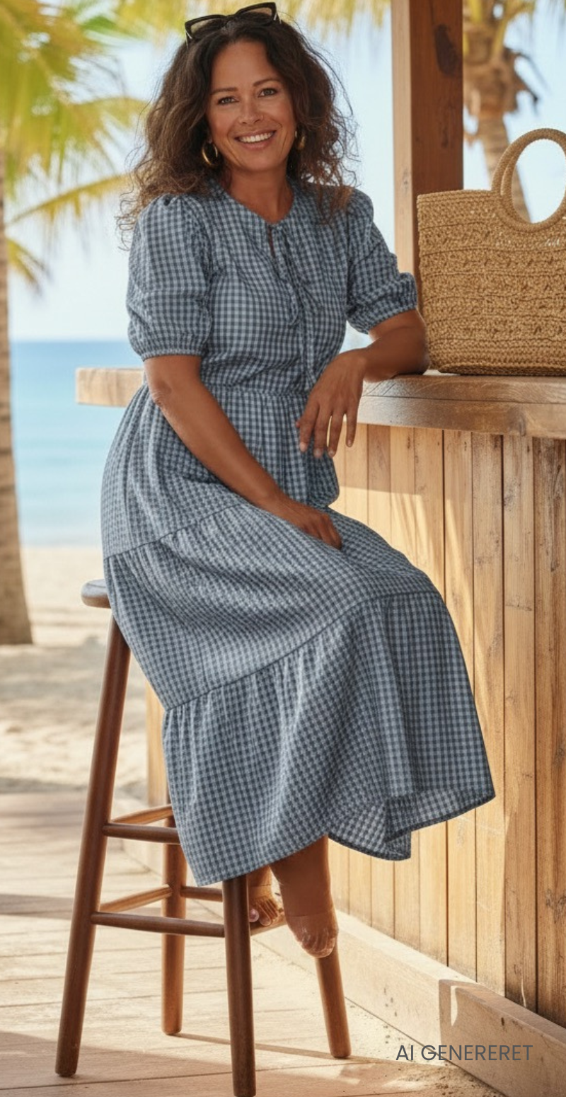 Karla småternet lang kjole med peplum og bindebånd denim LikeLondon